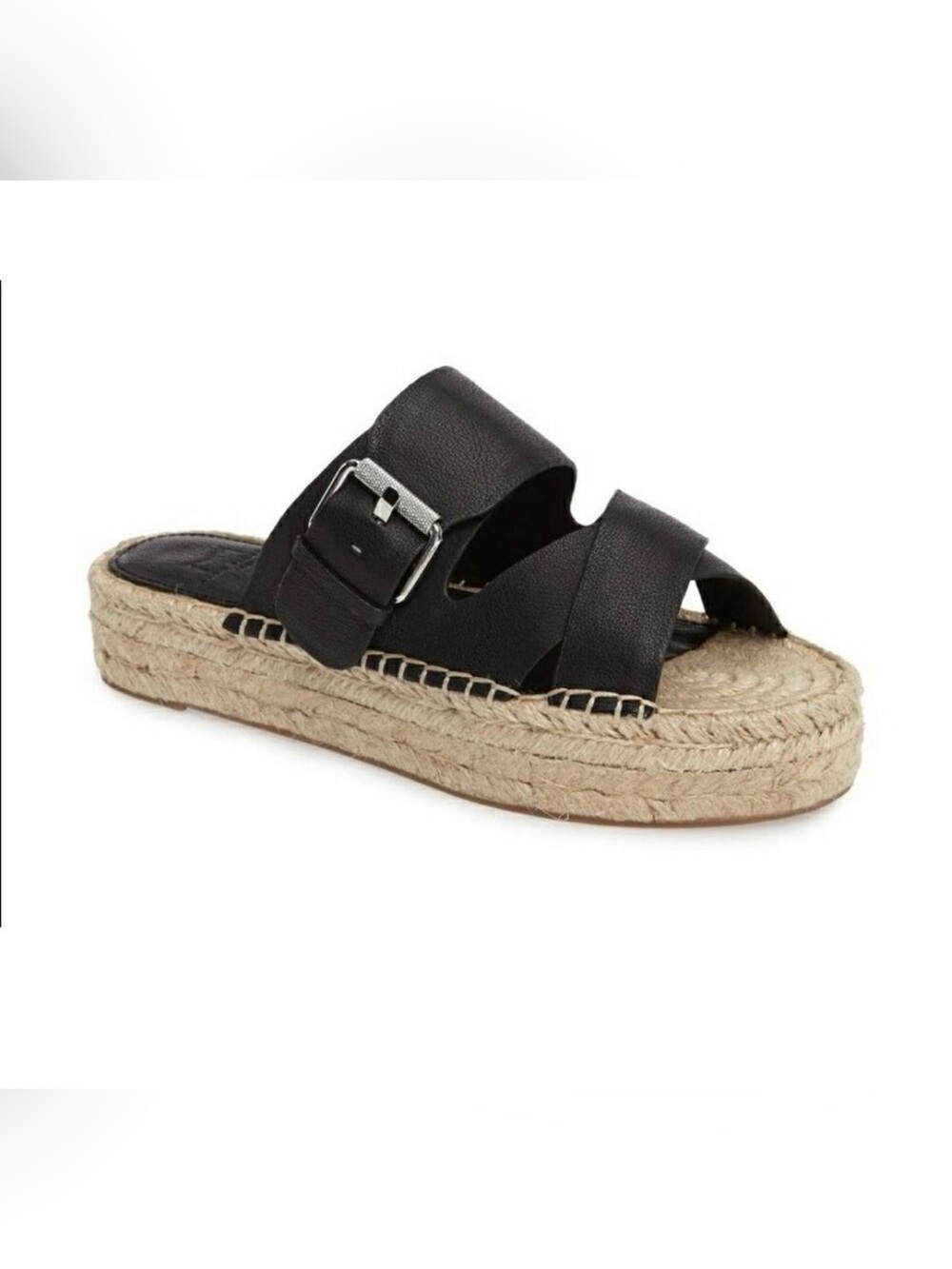 Marc Fisher Venita Leather Twine Platform Espadrille Slide Sandals Black SZ 6.5
